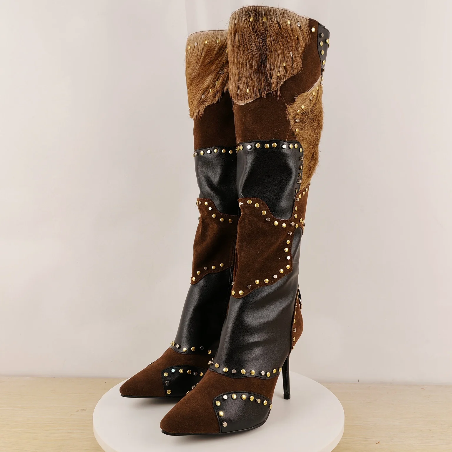 

High Thin Pointed Heels Rivets Boots De Mujer Casual Fashion Faux‑fur Knees Sexy Dressing Pumps patchwork Street Women's Shoes