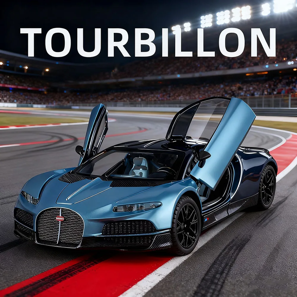 

1:24 Bugatti Tourbillon Toys, литые под давлением модели из сплава, автомобили, рулевое управление, спортивный автомобиль со световым звуком, миниатюрная модель для домашнего декора