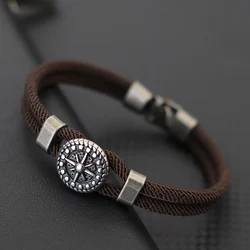Retro Compass Bracelet For Men Grade A 4mm Marine String Nautical Wrap Braslet Outdoor Sports Hiphop Rock Bangle Multiple Colors