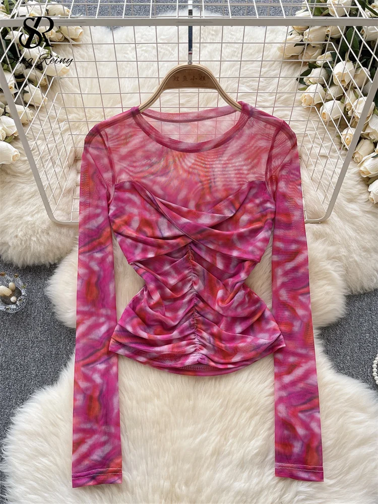 SINGREINY Europe Long sleeved Mesh Sheer T-shirt Fashion Skinny Temperament Office Lady Blouse  O Neck Pleated Tie Dye Print Top