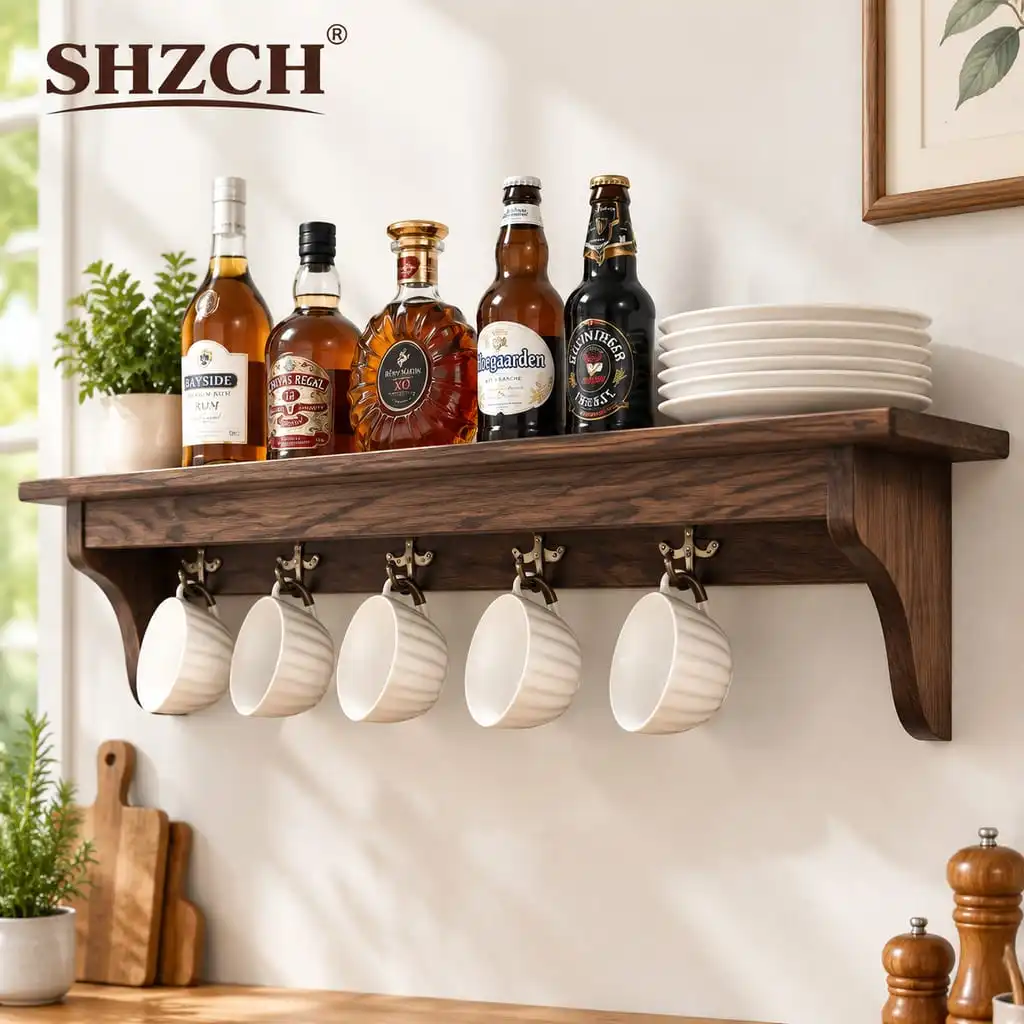 Vintage Solid Wood Floating Shelf French Country Wall Mount Cup Rack for Kitchen Spice Board Living Room Storage Display Holder