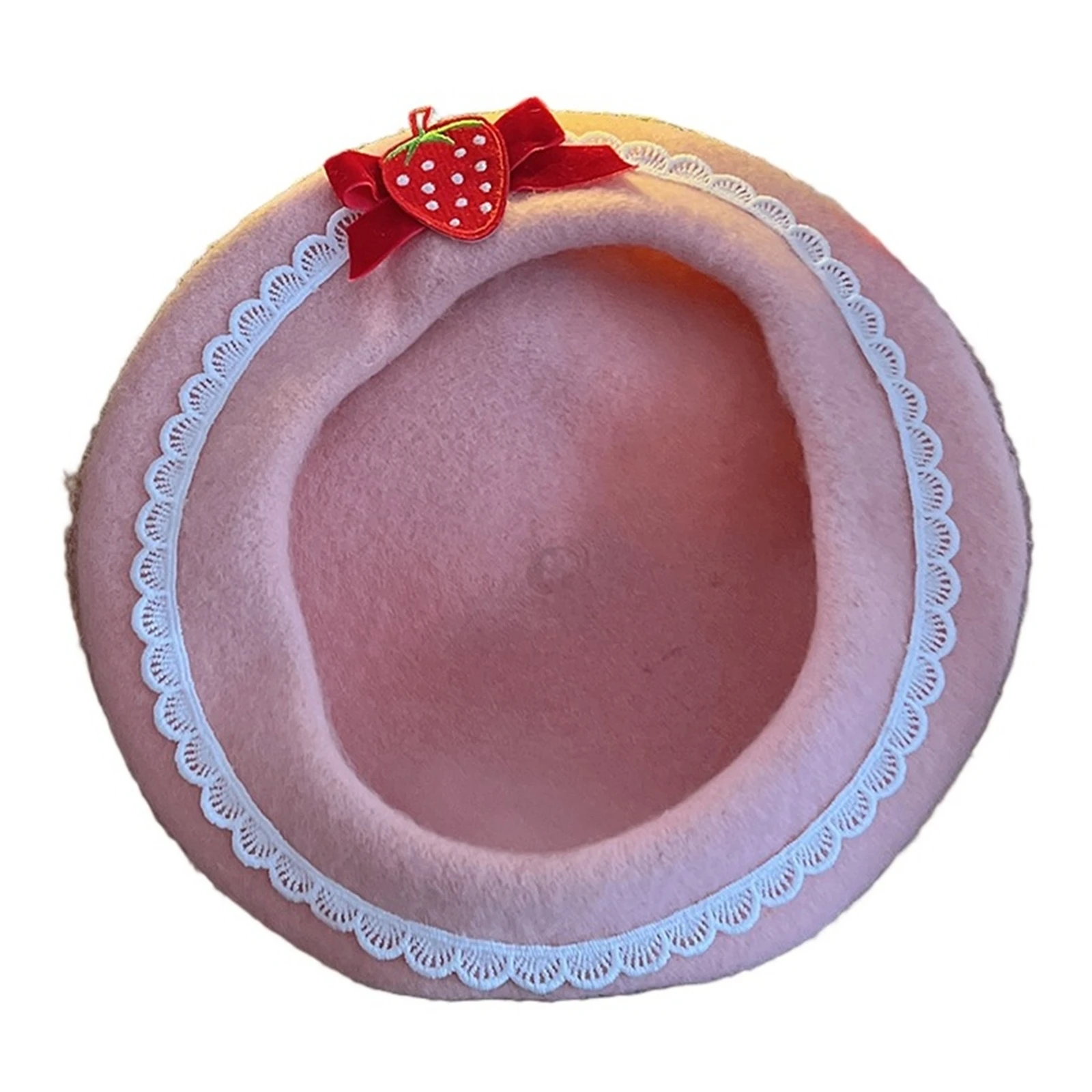 Boina rosa para niña, sombrero de lana de fresa con lazo de Anime para mujer, gorro de pintor dulce cálido para invierno, accesorios de Cosplay para Halloween