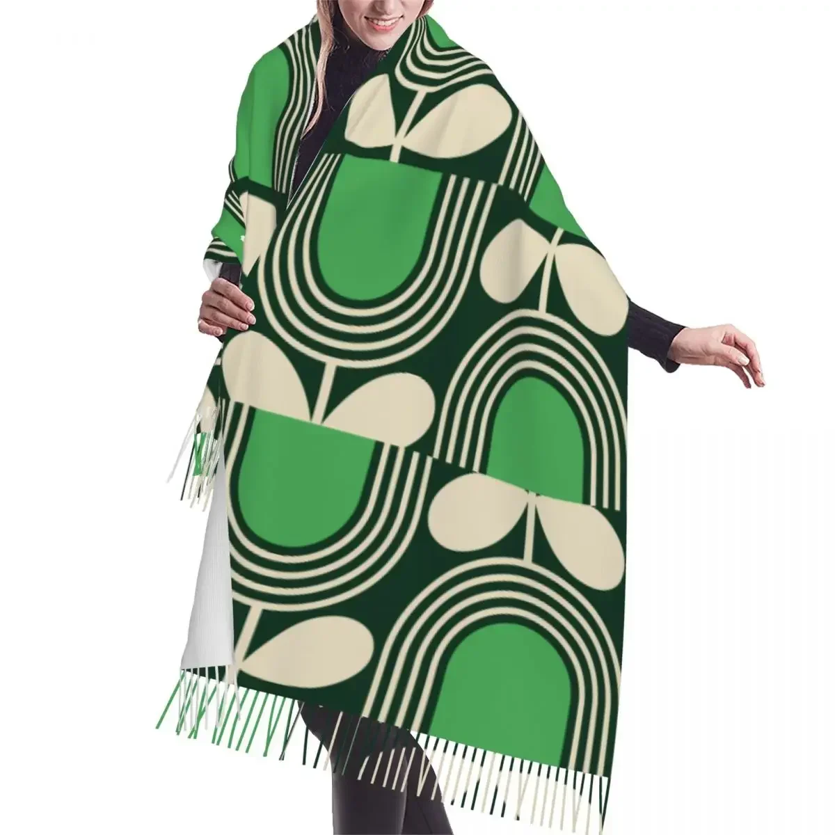 Custom Female Long Striped Tulip Print Scarves Women Winter Fall Thick Warm Tassel Shawl Wraps Orla Kiely Art Scarf