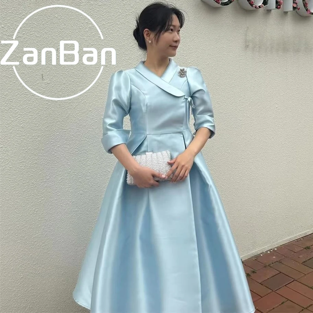 ZanBan New Korean Hanbok Evening Dress Customized Formal Prom Dress Satin V-Neck Half Sleeves 웨딩드레스 Occasion Party Evening Gown
