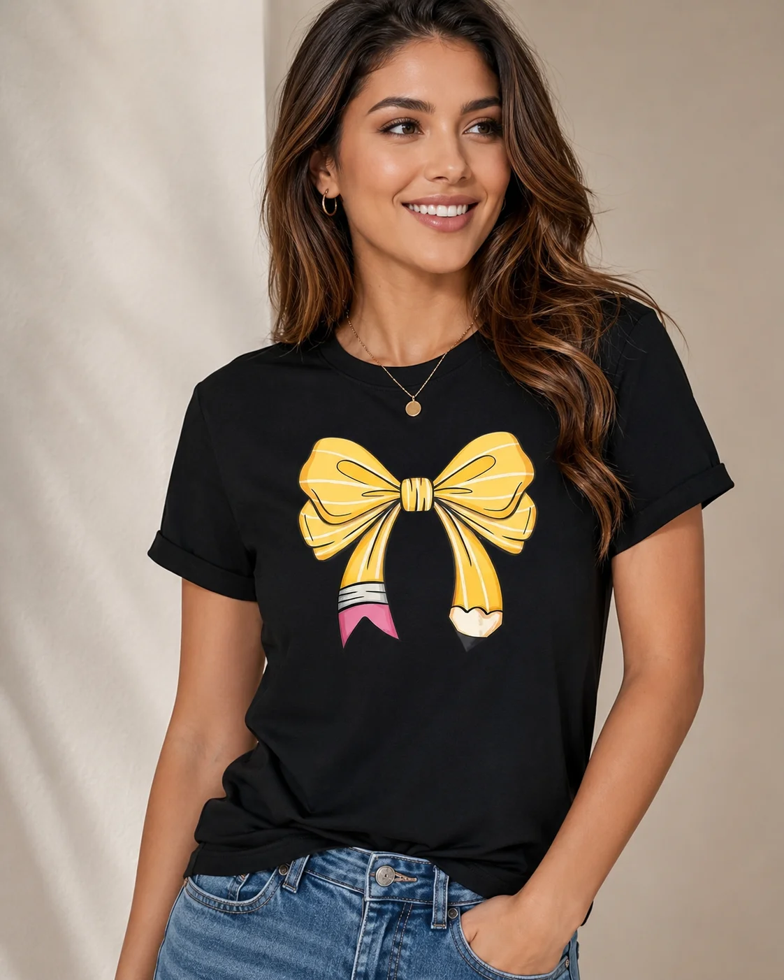 Free Clothing Clearance Women Tee with Pencil Bow Tie Print Crew Neck Short Sleeve Casual Top Fashionable Spring Summer Wear Tee