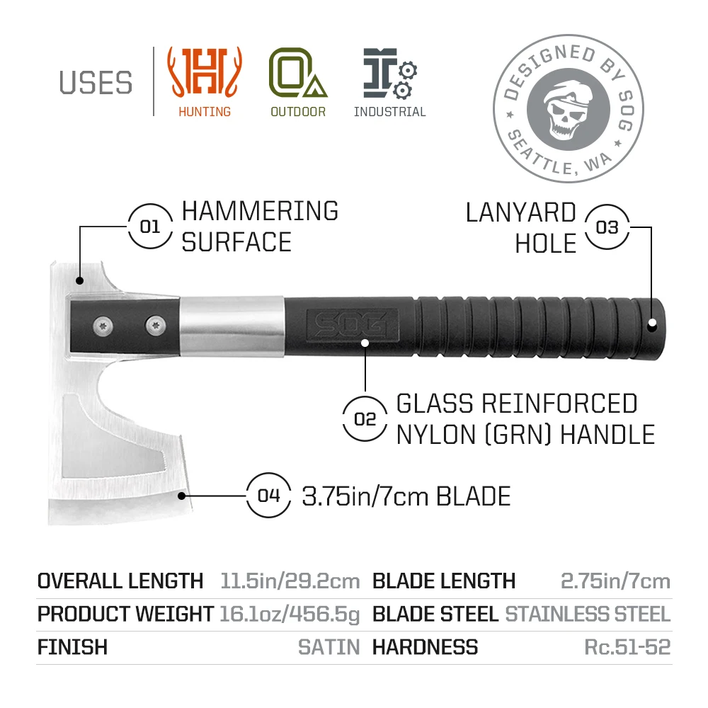 SOG Outdoor Camp Axe Compact Camping and Survival Hatchet/Hammer Tool with Sheath and 3.1 In Bushcraft Axe Edge Small Hand Tools