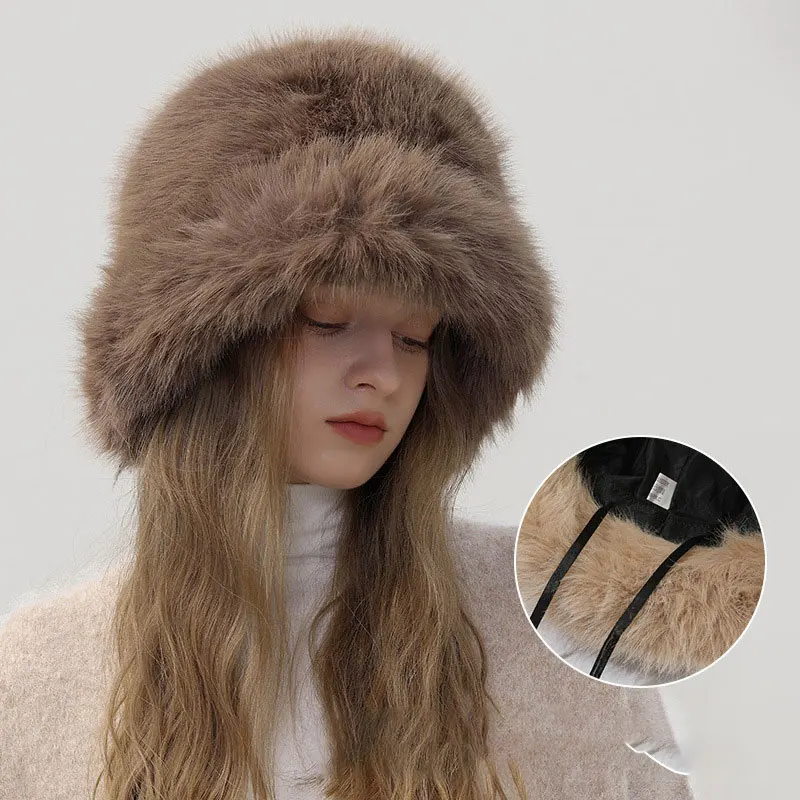 Versatile Warm Ear Protection Fisherman Hat Autumn and Winter Wide Brim Thickened Imitation Rabbit Fur Solid Color Plush Hat