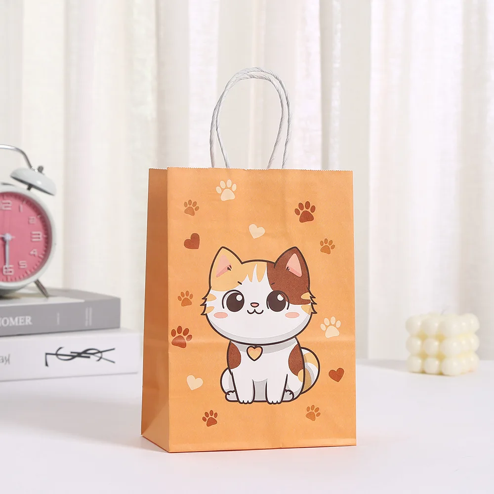 6Pcs Pink Colorful Cat Paw Print Paper Candy Bags Gift Bags With Handles For Animal Pet Theme Birthday Party Decorations Favors