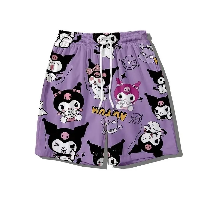 Pantaloni larghi Sanrio Kuromi Pantaloncini dritti a cinque punti Ragazze Estate Cartoon Pantaloni da spiaggia Coppia Pigiama Sport da basket americano