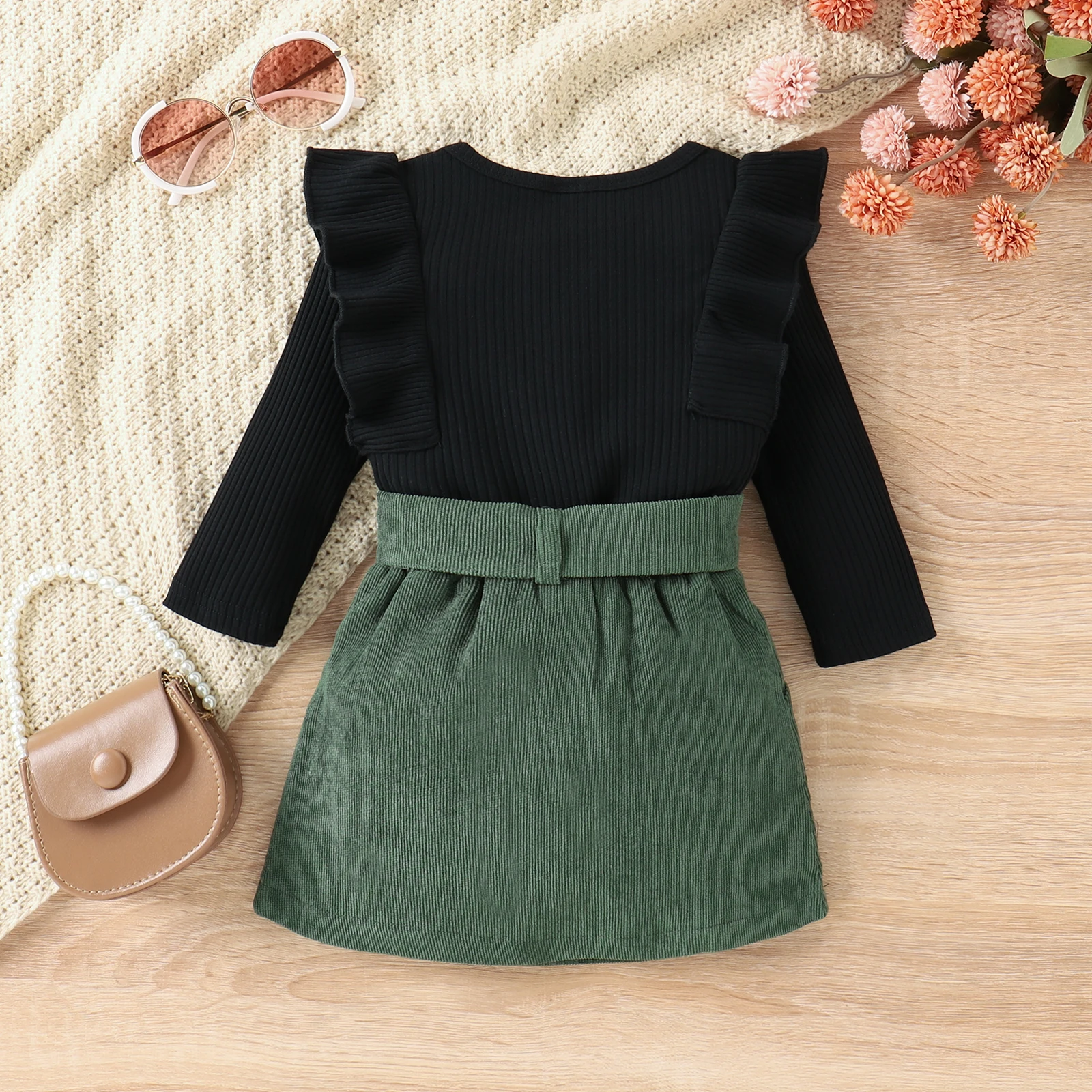 3PCS Autumn New Style 1-4 Year Old Girl Baby Trend Fashionable Round Collar Solid Color Pit Strip Top + Corduroy Short Skirt Set