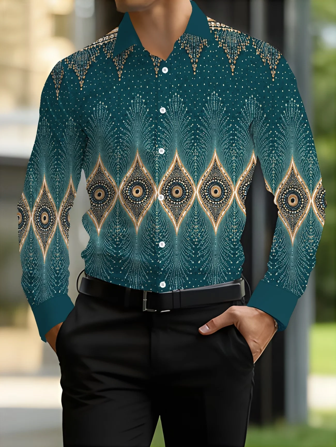 

New pink contrasting geometric line printed men's long sleeved shirt, business slim fit casual versatile shirt