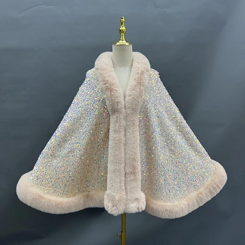 

JANEFUR Women Faux Fur Cape Autumn Winter High Quality Fluffy Sequin cloak Wedding Cape Party Elegant Ladies furry Fashion