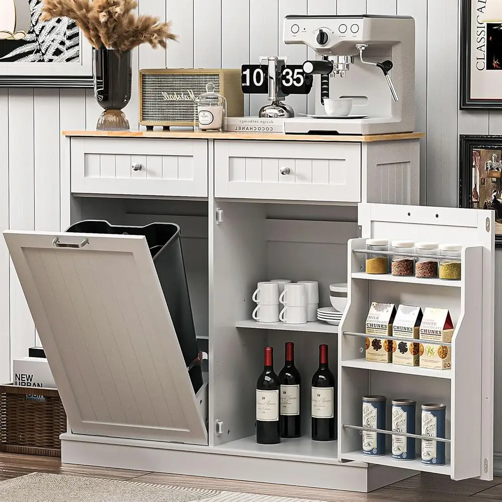 

Белый отдельностоящий кухонный шкаф для мусора с выдвижным контейнером, скрытыми ящиками и крышкой, защищающей от домашних животных, для использования в гостиной