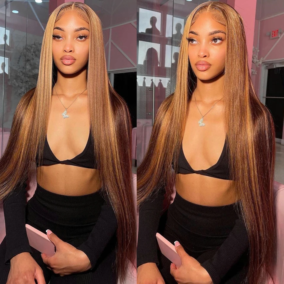 

32 34 36 Inch 13x6 HD Lace Front Wigs Human Hair Highlight Honey Straight 13x4 Lace Frontal Wig Preplucked For Black Women