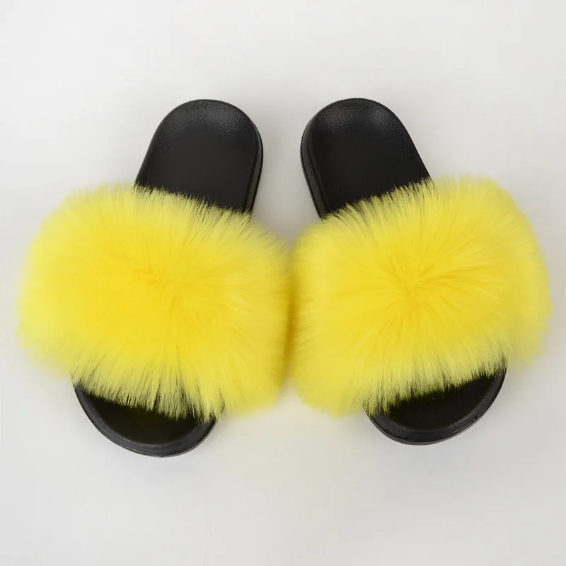 Children Slides Faux Fox Fur Slippers Kids Fluffy Raccoon Sandals Fashion Furry Home Flat Flip Flops Baby Girls Cute Plush Shoes