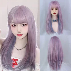 Synthetic Long Straight Hair Pink Lolita Wig Highlighting Blue Heat-Resistant Cosplay Wigs With Bangs For Women