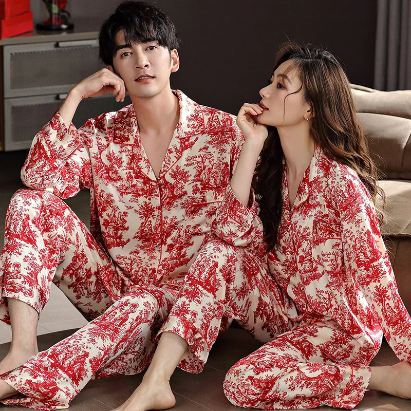 Spring And Autumn Silk Pajamas Set Lover Long Sleeve Pyjamas Turn-down Collar Floral Sleepwear