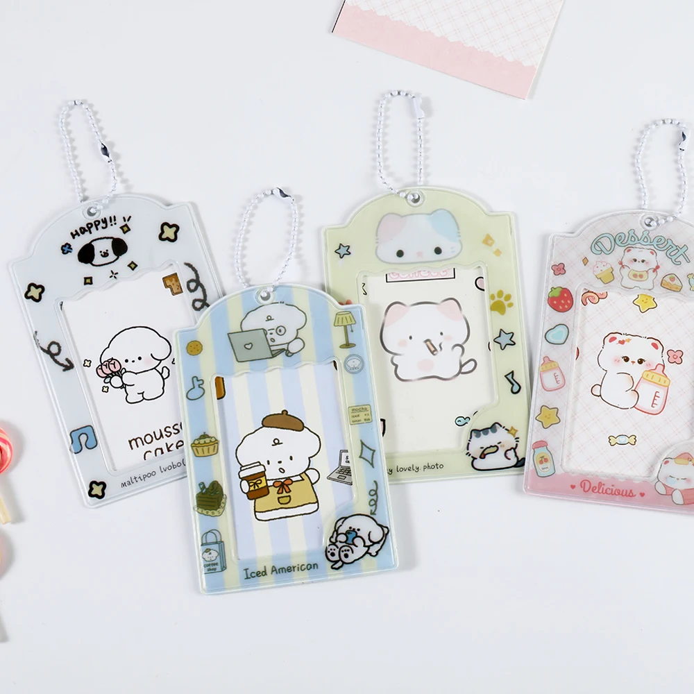 Idol Photo Sleeves Cartoon Photocards Protector 3-inch Photo Frame INS Cute Photo Pocket Key Ring Dog Cat Print Goo Card Holder
