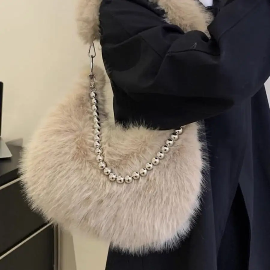 Chic Plush Fluffy Shoulder Bag for Women - Pearl & Chain Mini Purse Elegant Casual Soft Handbag