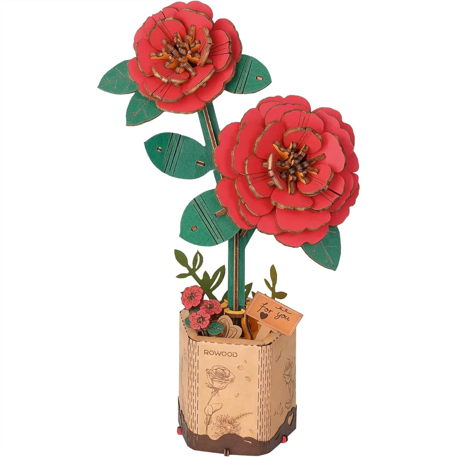 

3D Puzzle Wooden Flower Craft Kit, Red Camellia DIY Building Set for Mom, Lasting Gift Home Decor