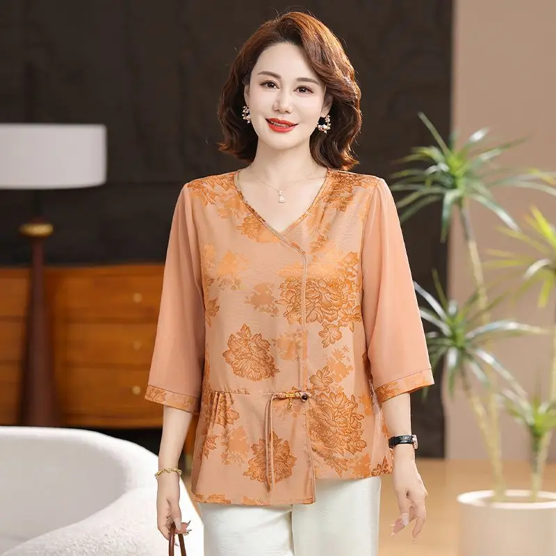 Summer New All Match Vintage Elegant Chinese Style Top Summer Seven Point Sleeve Set with Small Head and Western Style