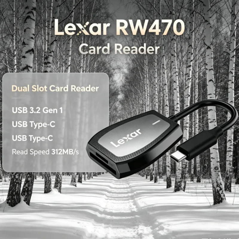 Lexar RW470 Card Reader 2-in-1 USB 3.2 Gen1 Dual Slot Type-C SD microSD UHS-II 312MB/s Transfer for Data Transfer