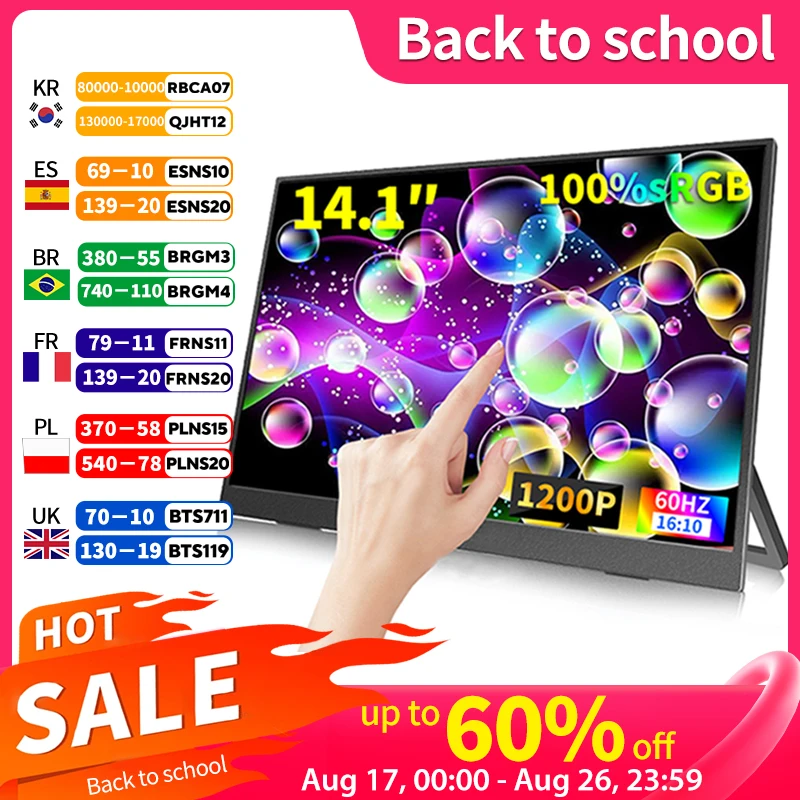 HGFRTEE Monitor portátil com tela sensível ao toque de 14 polegadas, 100% sRGB, 400cd/m2, computador para jogos, tela expansível para Xbox PS4/5 Switch Loptop