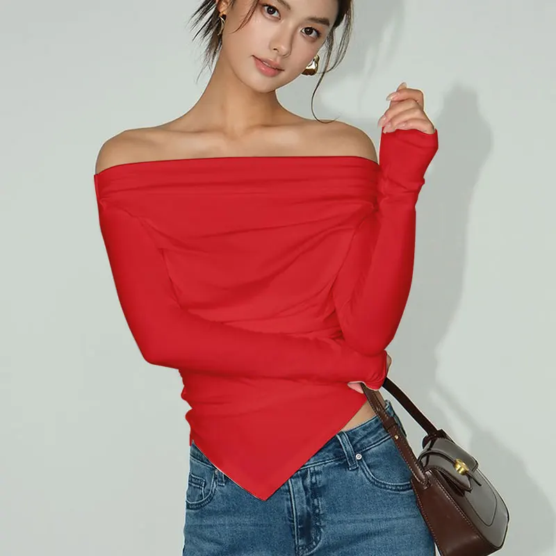 

GELITAYIN Women's T-shirt Autumn New Red Sexy Off Shoulder Slim Tees Long Sleeves Fashion Streetwear Pullover Asymmetrical Femal