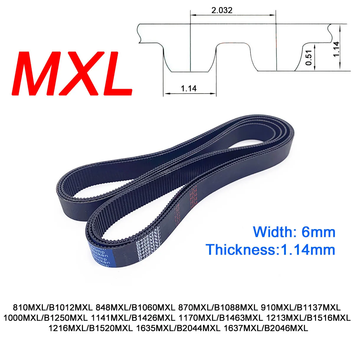 

1Pc Width 6mm MXL Rubber Trapezoid Tooth Timing Belt Pitch Length 810/848/870/910/1000/1141/1170/1213/1216/1635/1637 Inch Closed