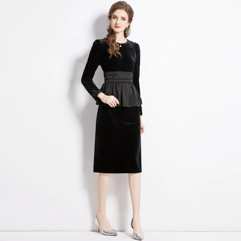 Elegant Office Work Style Black Canary Autumn Dress Delicate Garden Collar Suit Skirt