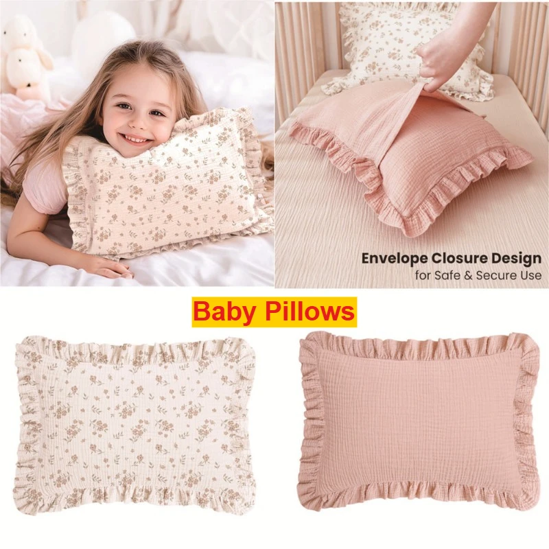 Nueva Almohada de Algodón con Borde Ondulado Estilo Nórdico, Almohada de Muselina con Estampado Floral, Transpirable y Suave para la Piel, para Niñas y Niños