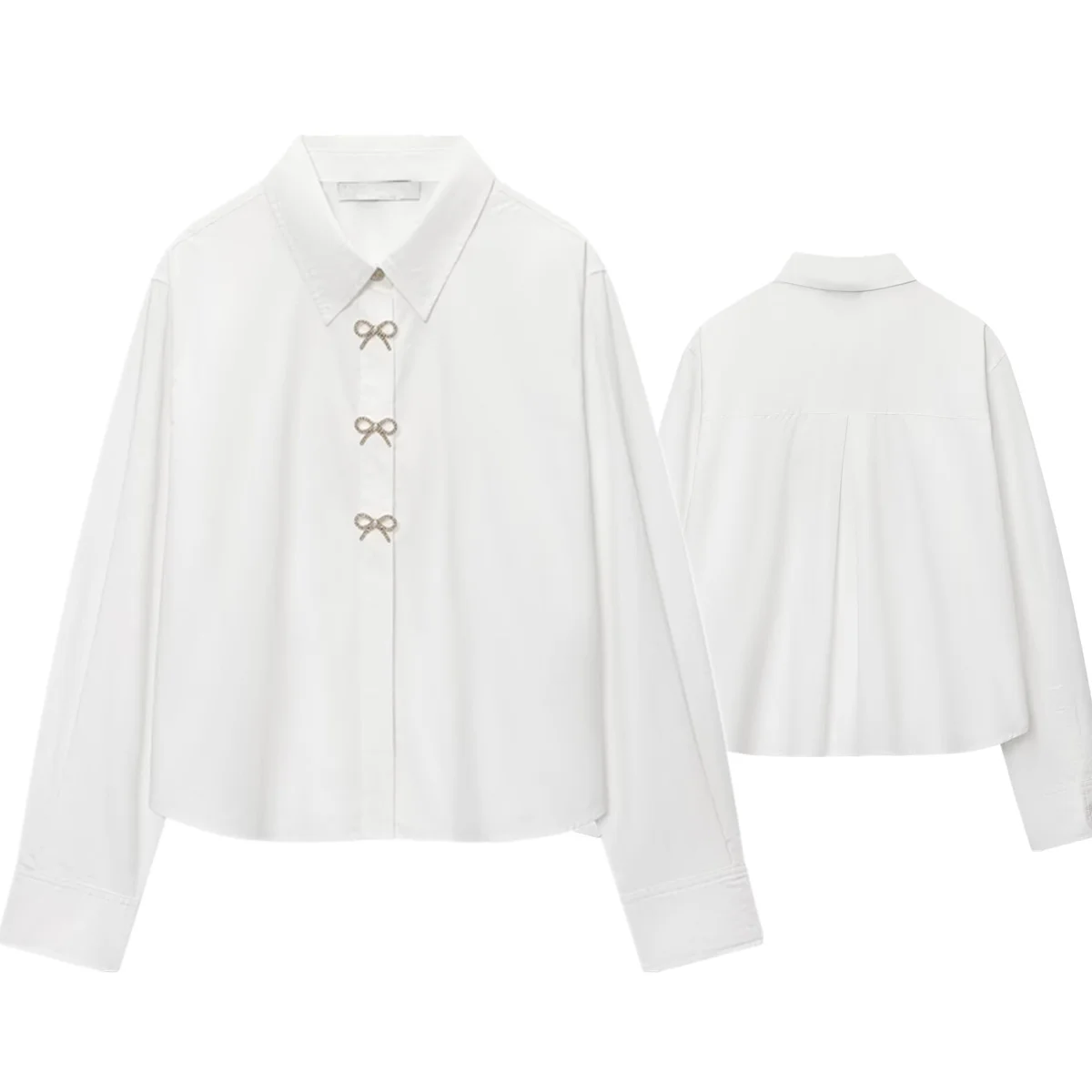

Dave&Di Minimalist White Poplin Shirt Short Tops Bow Button Decoration Elegant Spring Long Sleeved Shirt Blouse Woman Clothes