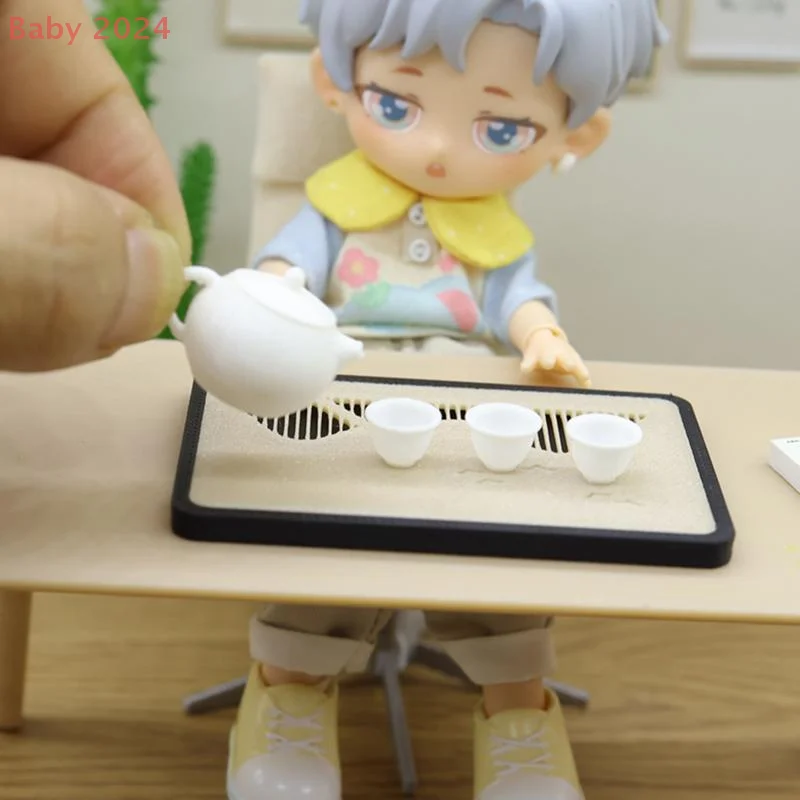 Mini tetera para casa de muñecas, juego de bandeja de drenaje para taza de té, modelo, accesorios de decoración de microescena, juguetes para juego de imitación, 1/12