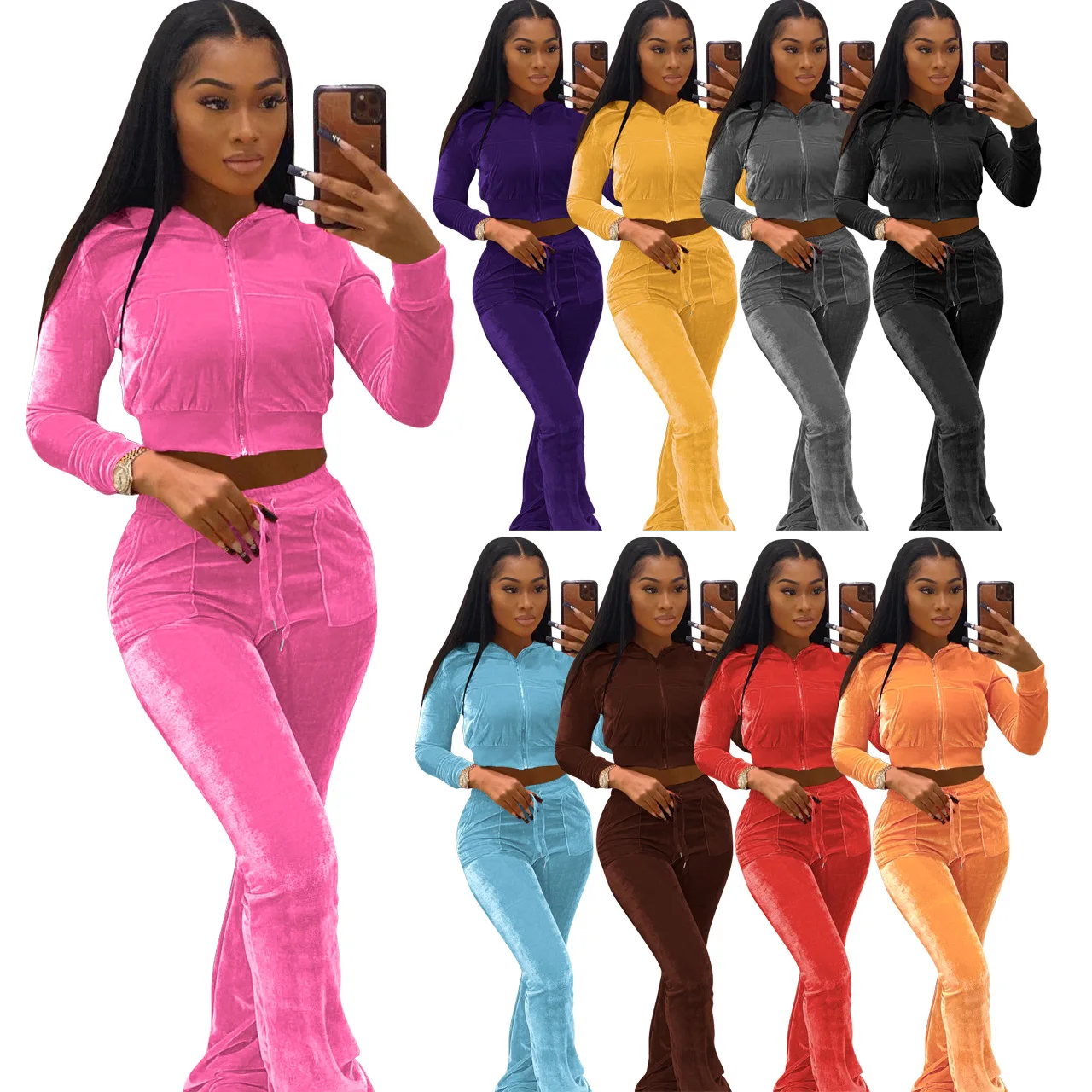 Fall Winter Velvet Solid Two Piece Set Women Clothing Long Sleeve Zip Jacket Pants Sporty Tracksuit Streetwear Y2K Fashion Suits