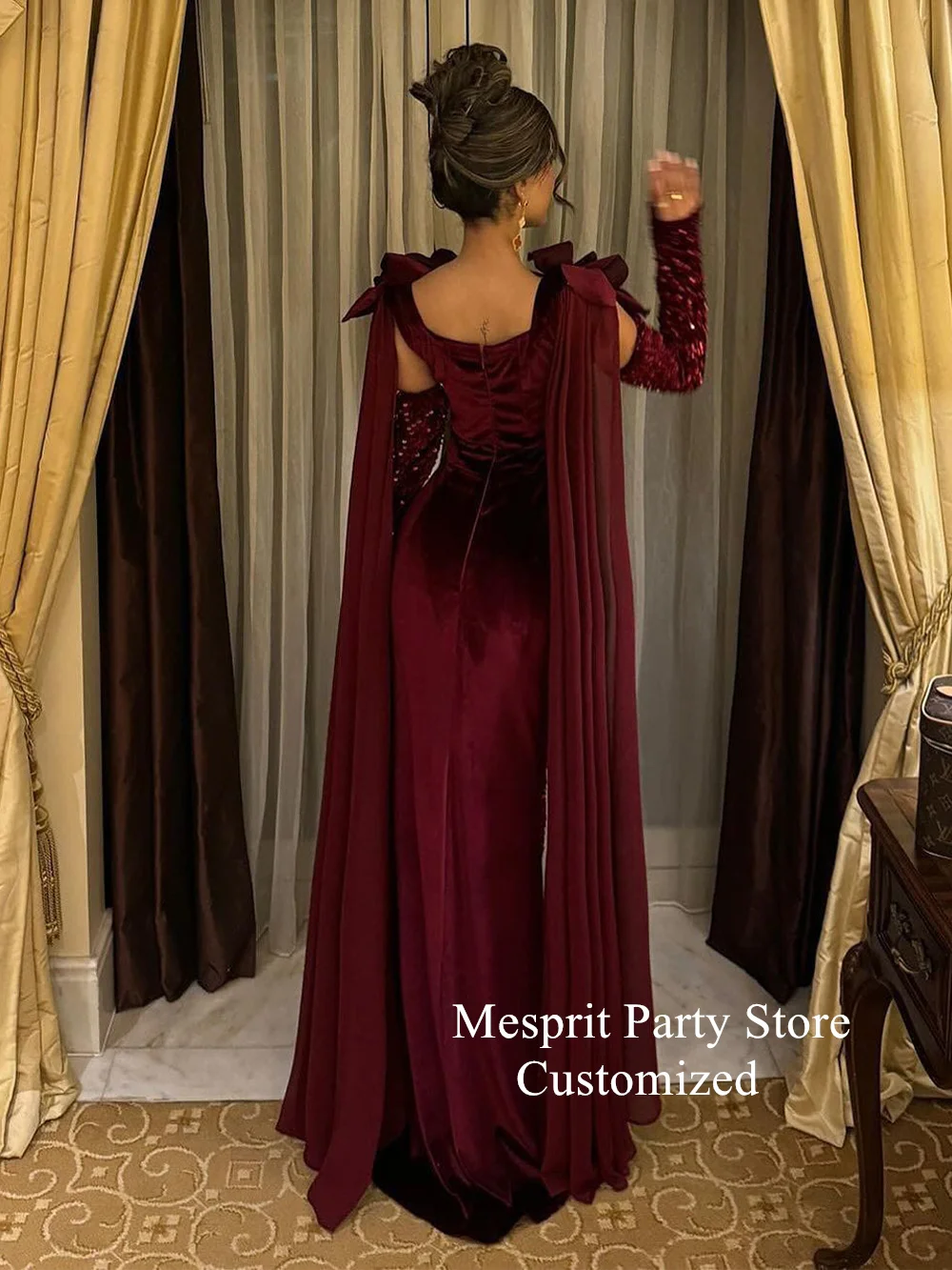 Burgundy Evening Dress Saud Arab Sequined Party Gown Customized Detachable Long Sleeve Flower Cape Arabian Prom Dresses