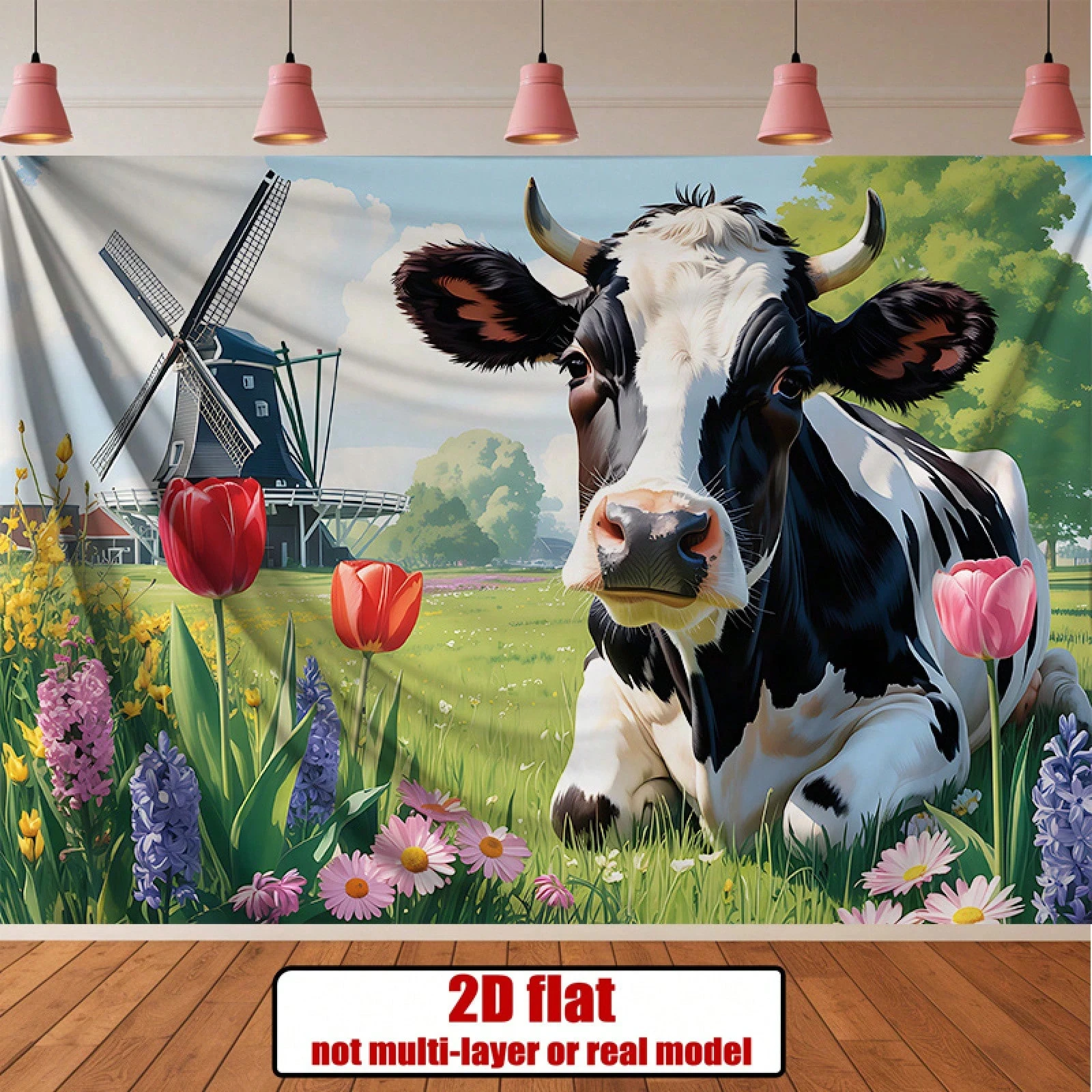 2D Flat Dutch Rural Cow Banner Wall Hanging Home Party Photo Background