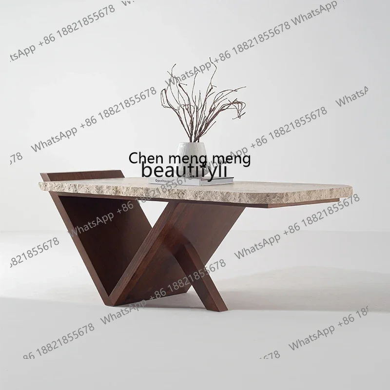 

Natural travertine solid wood coffee table small apartment living room coffee table tea room creative long tea table2936
