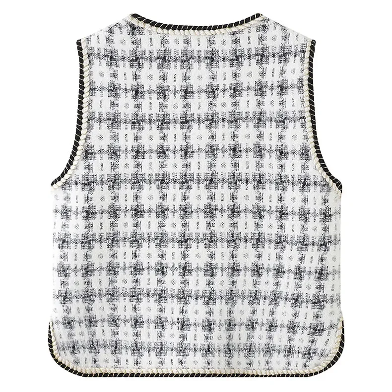 Houndstooth Knit Vest with Contrast Trim Flap Pocket Pearl Button Brush Sleeveless Cardigan Sweater Women Fall Winter Outfit