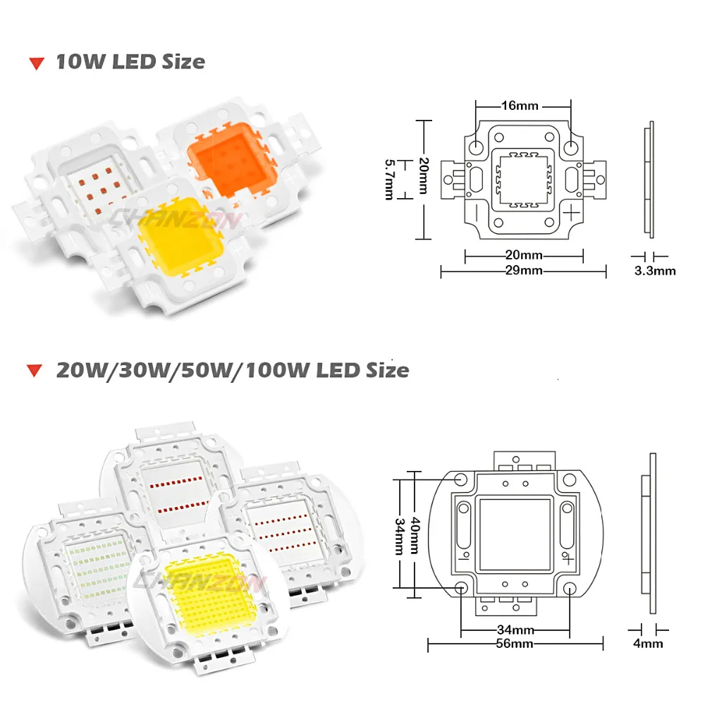 CHANZON 1pc High Power LED Chip 10W 20W 30W 50W 100W Warm Natuurlijk Koud Wit Rood Groen Blauw Geel RGB 440NM 660NM Volledige Spectrum