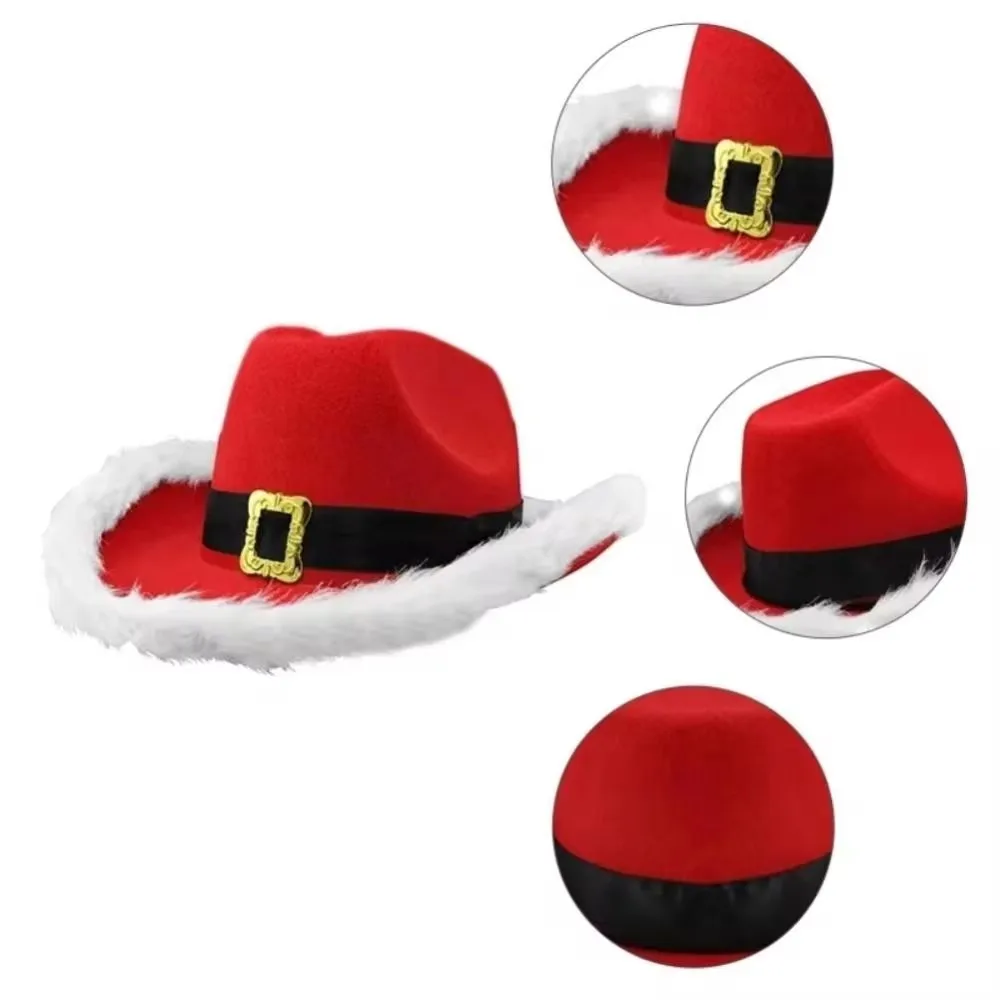 Fashion Christmas Cowboy Hats LED Luminous Red Velvet And White Feather Santa Hat Women Girls Cosplay Tiara New Year Party Decor
