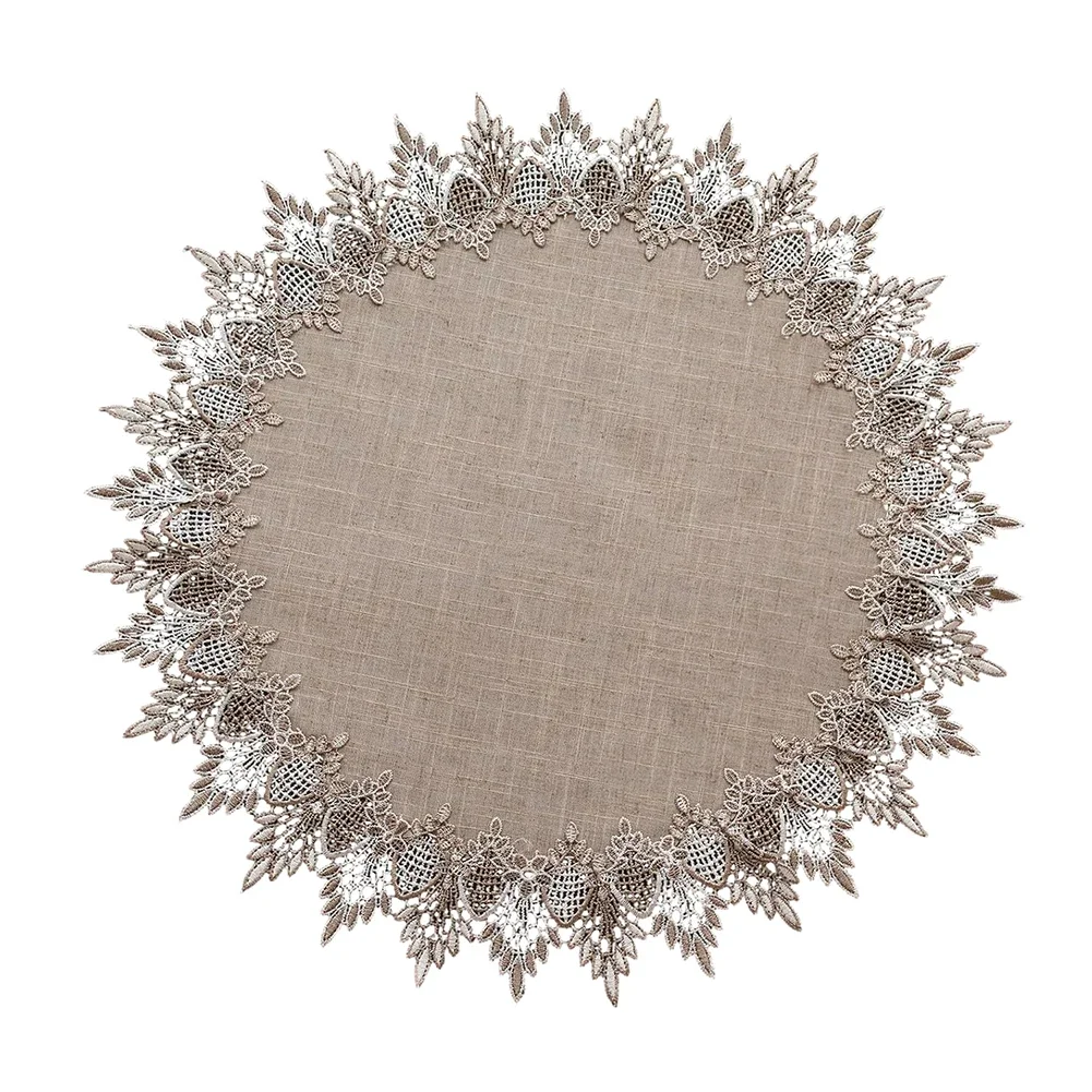 Rustic Style Round Placemat 59x59cm Polyester Blend Fabric With 2 Inch Lace Trim For Table Decor Beige Brown Neutral Tones
