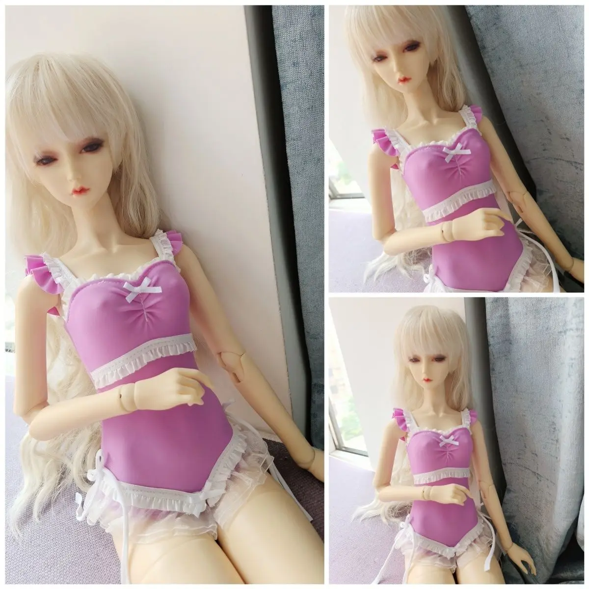 New 60cm Doll Clothes for 1/3 Bjd Doll One-piece Swimsuit Lace Bow Ruffle Slim Suit Purple Girl Toys Dress Up Doll Accessories