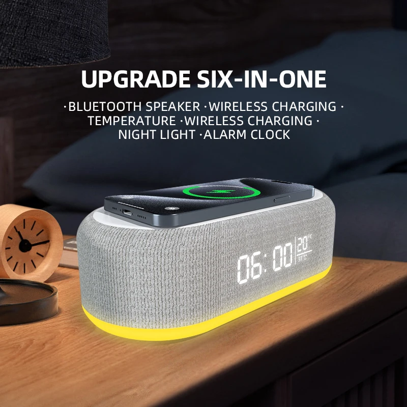 

Bluetooth Speaker Digital Alarm Clock with Wireless Charger FM Desk Clock Radio Night Light Dual Wireless Speakers Home Bedside