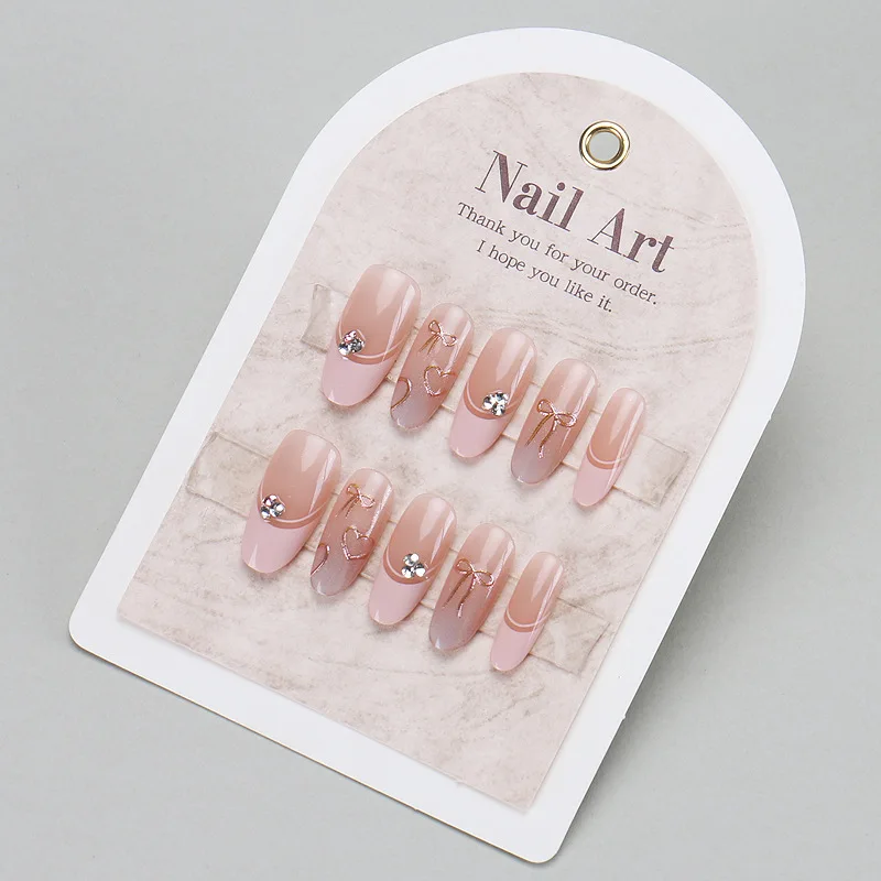 10 szt. Ręcznie Robione Słodkie Różowe Francuskie Paznokcie Doczepiane Migdałowe Kokardka Serce Sztuczne Paznokcie Śliczna Dziewczyna Cyrkonie Wielokrotnego Użytku Sztuczne Paznokcie