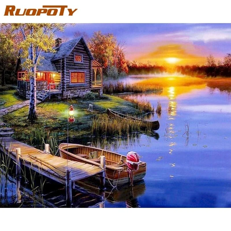 RUOPOTY Frameless Painting By Numbers Modern Rural House Acrylic Picture By Number Landscape Diy Handiwork For Home Decors