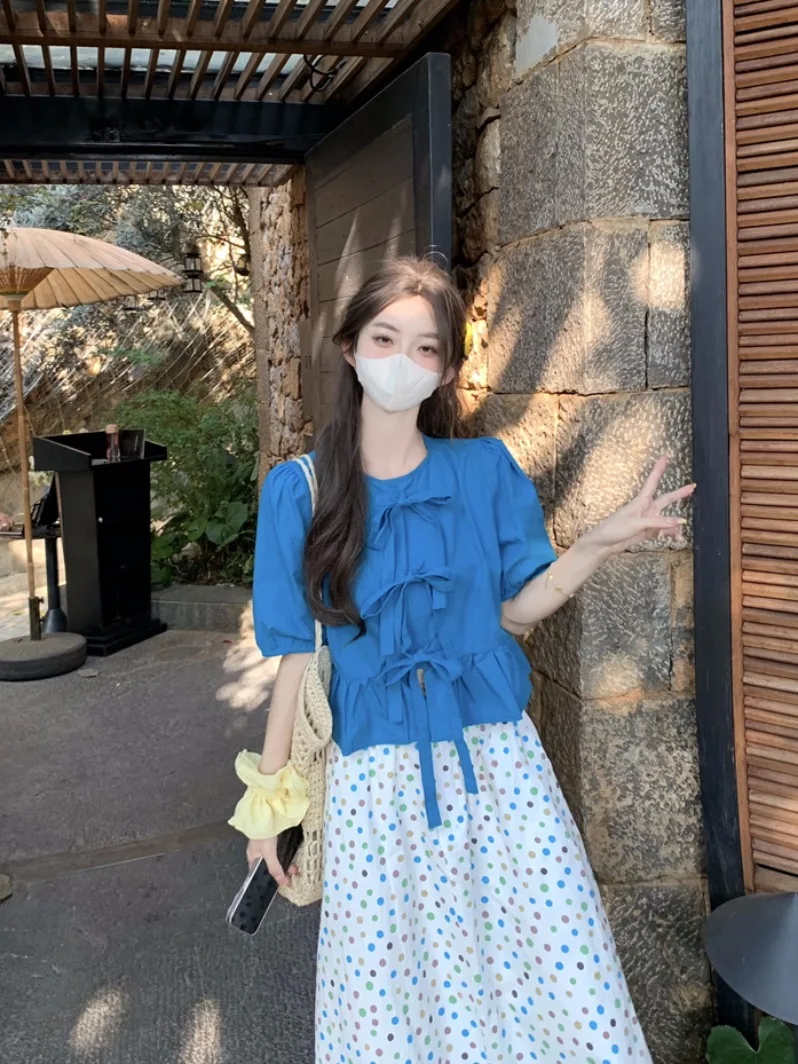 

Klein Blue Women's Shirt Korean Style Summer Loose Fit Short Sleeve round Neck Button up Top Young Looking Skirt Design