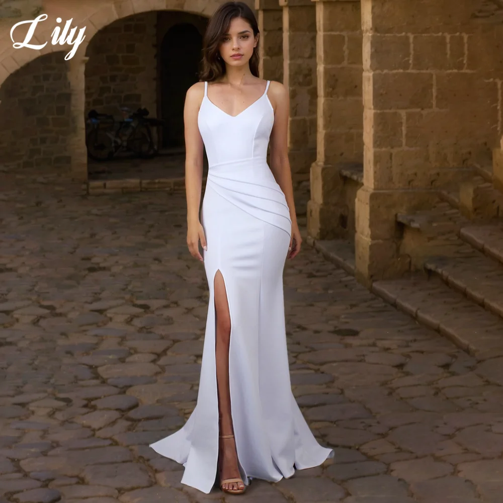 

Lily White Elegant Wedding Dresses V-Neck Backless Pleated Wedding Gown with Zipper Satin Side Split Bridal Dress Customized