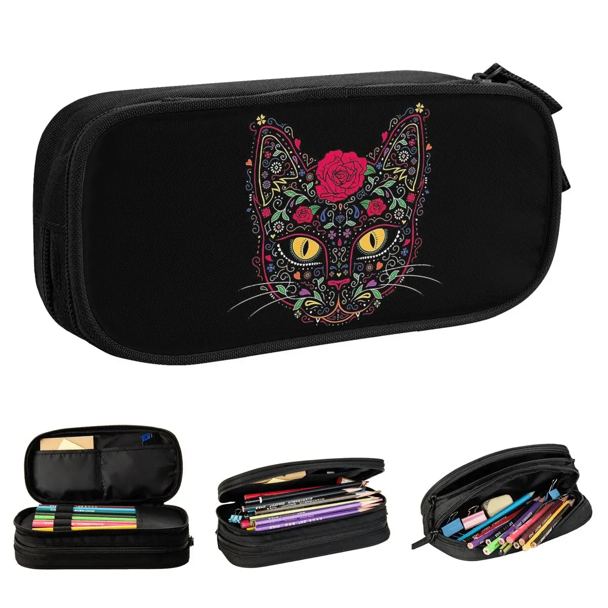 Day Of The Dead Kitty Cat Sugar Skull Pencil Case Pen Bag Kids Big Capacity Students School Gift Pencilcases