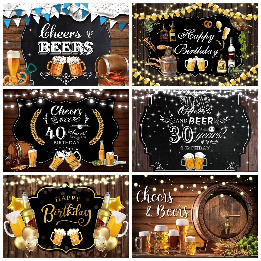 

Cheers and Beers Backdrop Gold Black Happy Birthday Party Kid Adult Custom Photography Background Decor Banner Photo Studio Prop