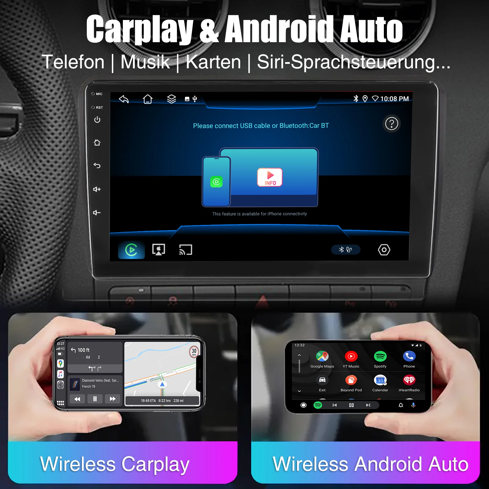 ESSGOO Autoradio 7"/9"/10" 2 DIN 8-Kern Android14 6+128 GB Kabelloses CarPlay Android Auto GPS-Navigation Bluetooth AM FM RDS WiFi QLED Touchscreen 4G LTE Mirror Link Lenkradsteuerung – Detail 14
